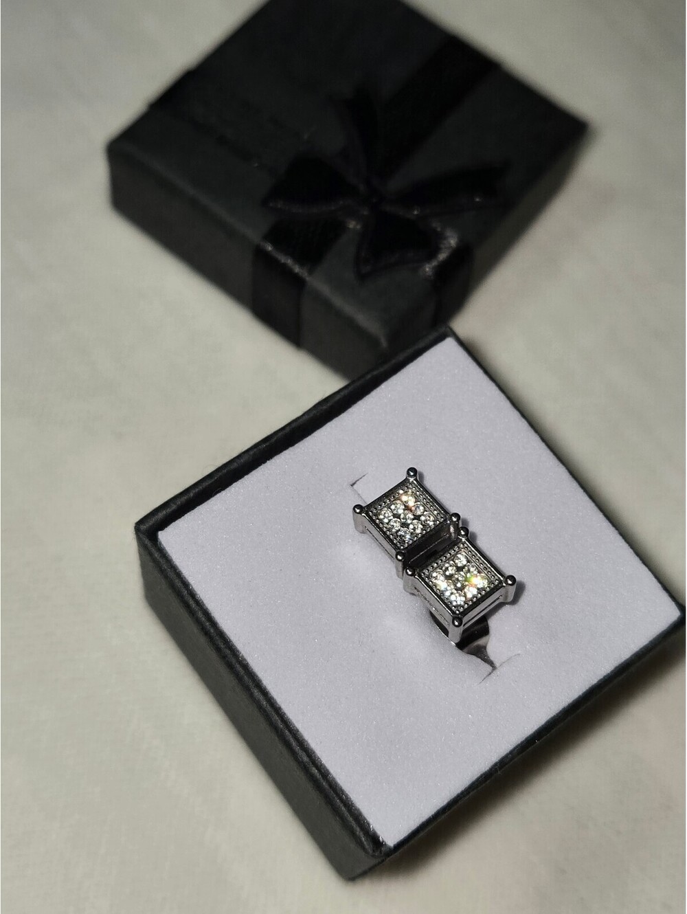 Silver Tone Men's Square Stud Earrings with Clear Rhinestones, Gift Box Included